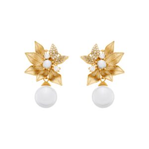 Brinco Dourado com Folhas em Zircônia e Pérolas