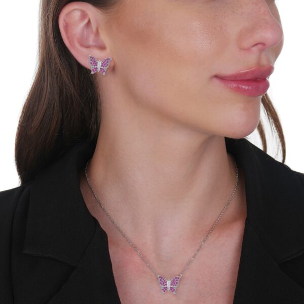 Conjunto Prateado de Borboletas Cravejado de Zircônia Rosa - Image 2