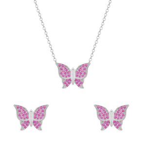 Conjunto Prateado de Borboletas Cravejado de Zircônia Rosa