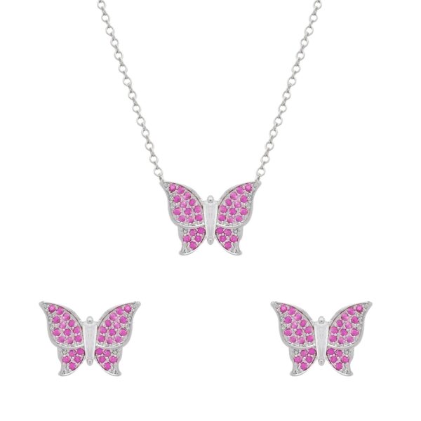Conjunto Prateado de Borboletas Cravejado de Zircônia Rosa